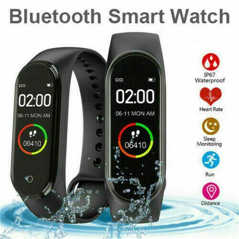VIBE LOOP Ban smartwatch in black silicone with slim touch displays showing time and steps, plus waterproof and fitness icons