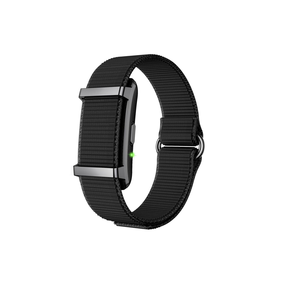 VIBE LOOP Ban smart wristband with a black ribbed woven strap, dark rectangular display case and metal loop closure.
