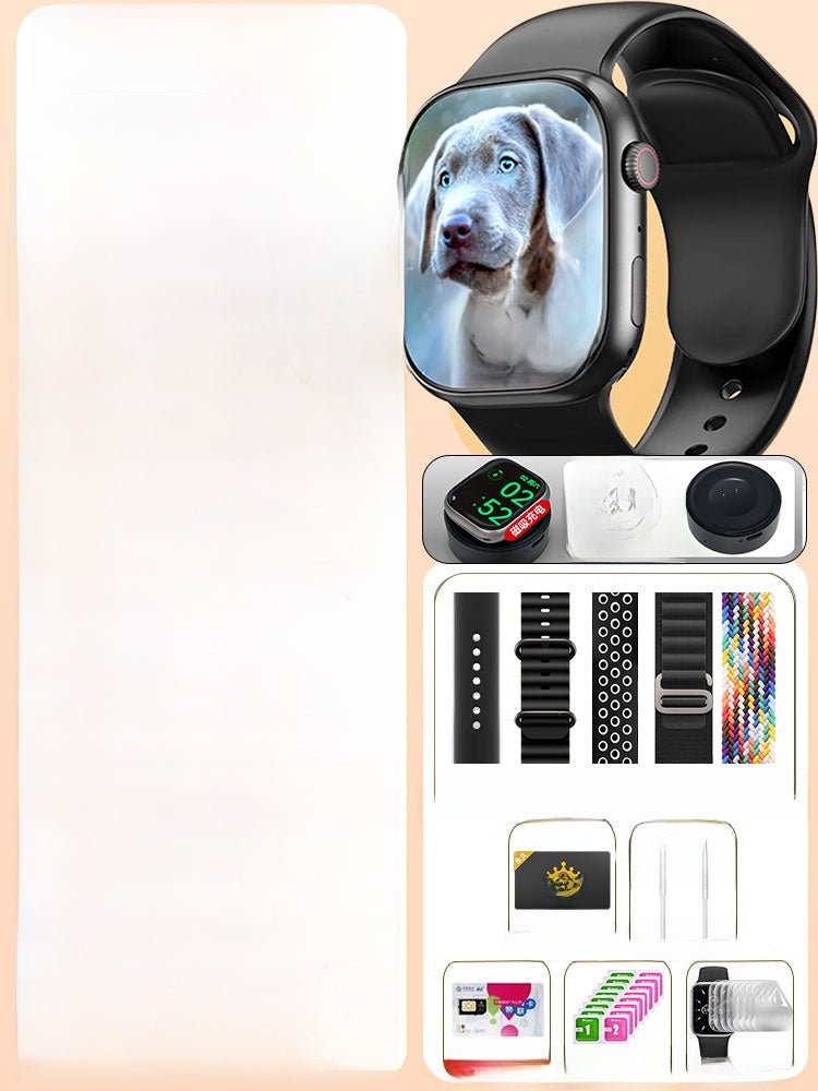 VIBE LOOP Ban Cellular Smart Watch with a black square touchscreen, rounded black band and side crown, shown with interchangeable straps and accessories