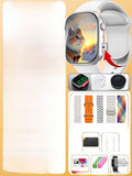 VIBE LOOP Ban Cellular Smart Watch with silver square case, white band, colorful cat display, rotating side camera and accessories
