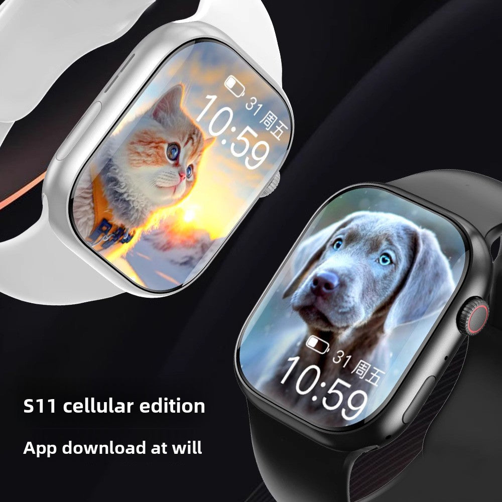 VIBE LOOP Ban Cellular Smart Watch in white and black with rectangular touchscreen displays showing cat and dog faces