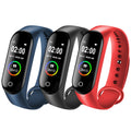VIBE LOOP Ban fitness wristband with black touch screens and blue, black, and red silicone straps, colorful activity rings.