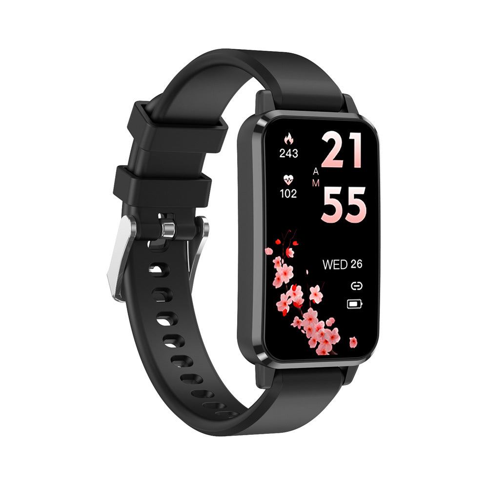VIBE LOOP Ban CY33 smartwatch with a black silicone strap, rectangular black case, and floral digital display