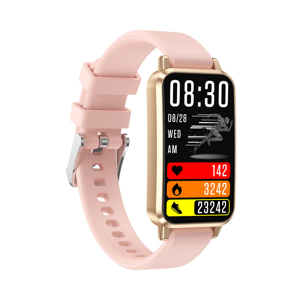VIBE LOOP Ban CY33 smartwatch with a pale pink silicone strap, gold-tone rectangular case and colorful fitness display