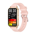 VIBE LOOP Ban CY33 smartwatch with a blush pink silicone strap, gold-tone rectangular case and colorful fitness display.
