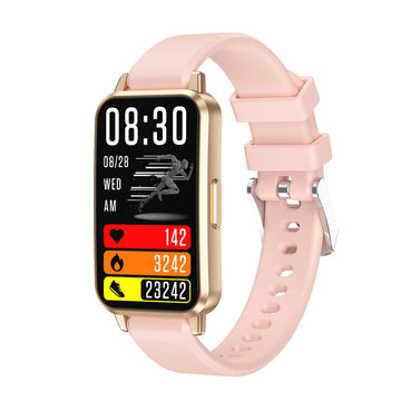 VIBE LOOP Ban CY33 smartwatch with a blush pink silicone strap, gold-tone rectangular case and colorful fitness display.