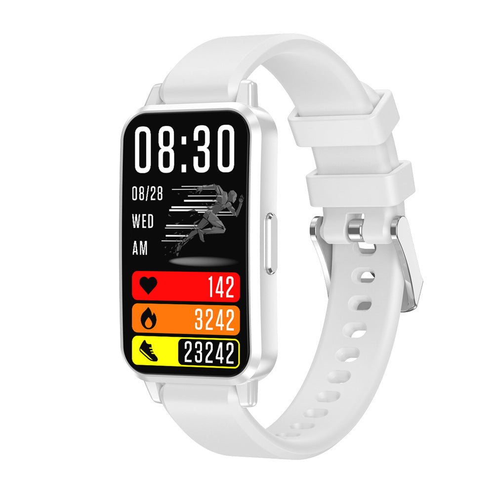 VIBE LOOP Ban CY33 smartwatch with a white silicone strap, silver rectangular case, black display and colorful fitness counters