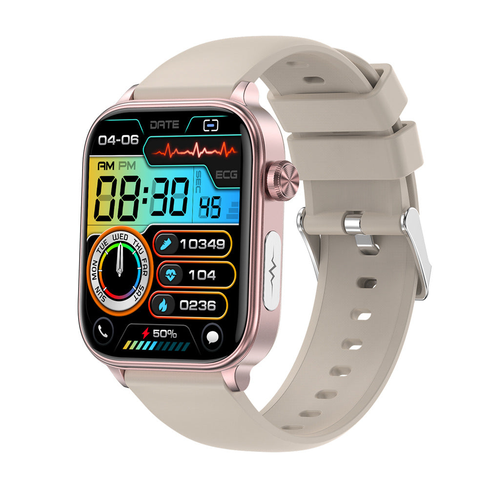 VIBE LOOP Ban ET570 smartwatch with a beige silicone strap, rose gold rectangular case and colorful health display
