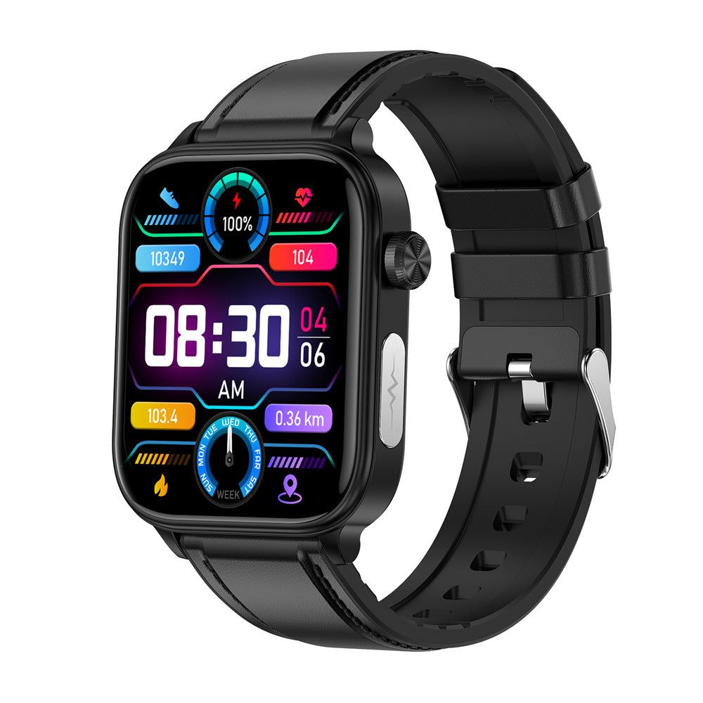 VIBE LOOP Ban ET570 smartwatch with a black rectangular touchscreen, colorful digital display, and black silicone strap