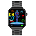 VIBE LOOP Ban ET570 smartwatch with a black rectangular case, brushed metal link band and colorful health display