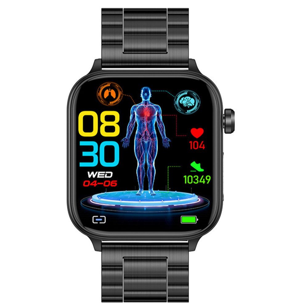 VIBE LOOP Ban ET570 smartwatch with a black rectangular case, brushed metal link band and colorful health display