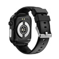 VIBE LOOP Ban ET570 smartwatch with black silicone strap, rectangular case, rear health sensor array and metal buckle