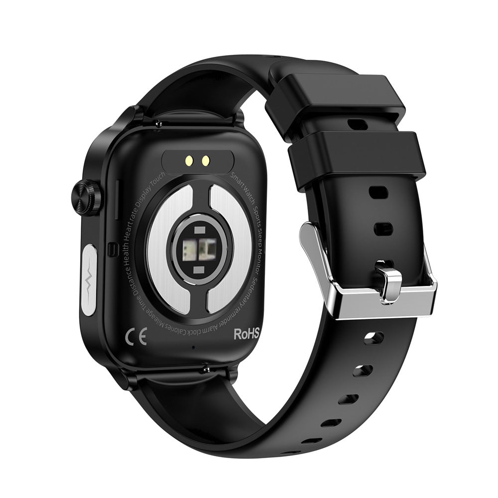 VIBE LOOP Ban ET570 smartwatch with black silicone strap, rectangular case, rear health sensor array and metal buckle