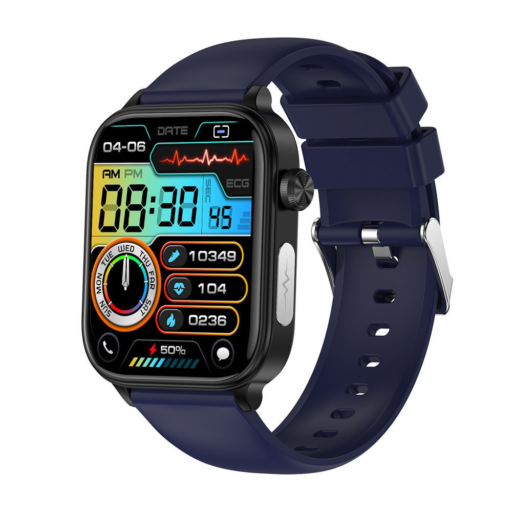 VIBE LOOP Ban ET570 smartwatch with a navy silicone band, black rectangular case, and colorful health-tracking display