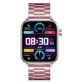 VIBE LOOP Ban ET570 smartwatch with a rose-gold metal link band, square black touchscreen, and colorful digital health display