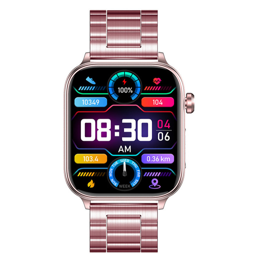 VIBE LOOP Ban ET570 smartwatch with a rose-gold metal link band, square black touchscreen, and colorful digital health display