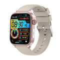 VIBE LOOP Ban ET570 smartwatch with a rose-gold rectangular case, beige silicone strap, and colorful health-tracking display