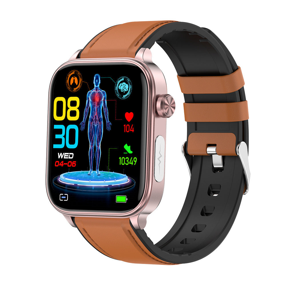VIBE LOOP Ban ET570 smartwatch with rose-gold rectangular case, orange-brown and black two-tone band, and health display