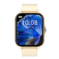 VIBE LOOP Ban smartwatch with a square black touch screen, gold-tone case and pale beige strap, displaying a blue feather design