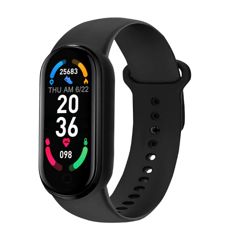 VIBE LOOP Ban M7 smart bracelet with a black silicone strap, glossy touchscreen, and colorful health tracking display.