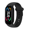 VIBE LOOP Ban M7 smart bracelet with a black silicone strap, glossy touchscreen, and colorful health tracking display.