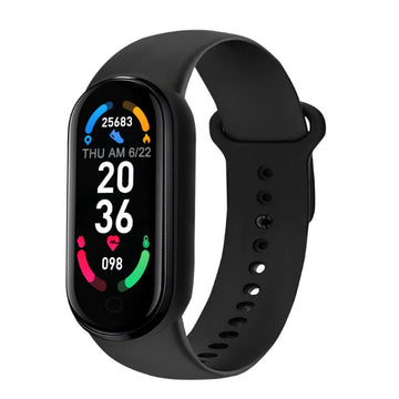 VIBE LOOP Ban M7 smart bracelet with a black silicone strap, glossy touchscreen, and colorful health tracking display.