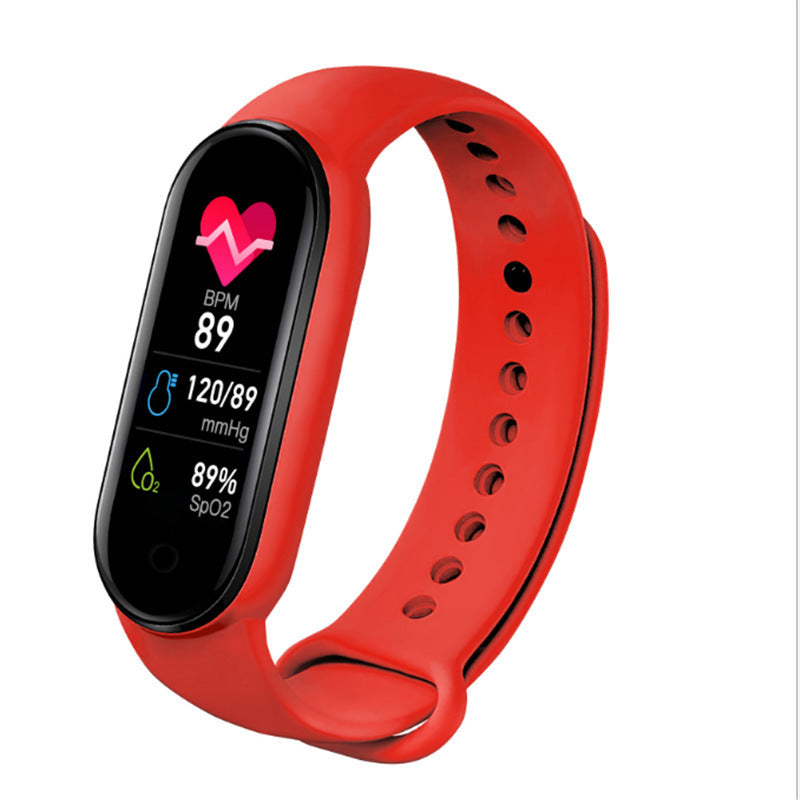 VIBE LOOP Ban M7 smart bracelet with a red silicone band, black touchscreen, and bright health-monitoring display