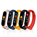 VIBE LOOP Ban M7 smart bracelet with glossy black touchscreen displays and silicone bands in pink, blue, yellow, black and red