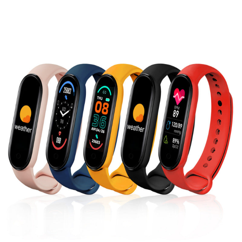 VIBE LOOP Ban M7 smart bracelet with glossy black touchscreen displays and silicone bands in pink, blue, yellow, black and red