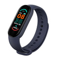 VIBE LOOP Ban M7 smart bracelet with a dark navy silicone band, oval touchscreen, and colorful digital display