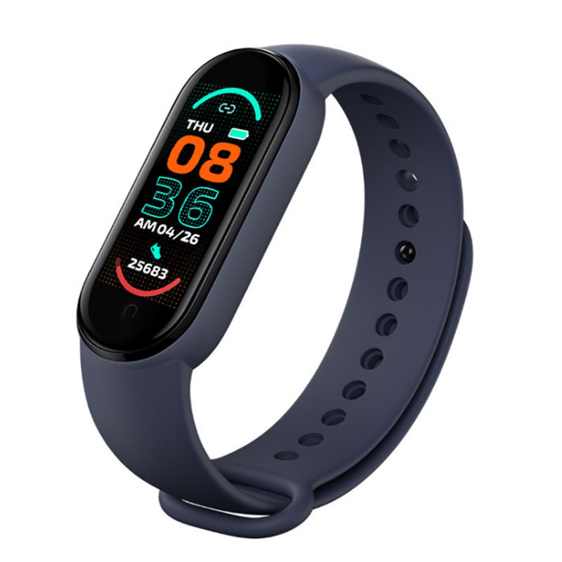 VIBE LOOP Ban M7 smart bracelet with a dark navy silicone band, oval touchscreen, and colorful digital display