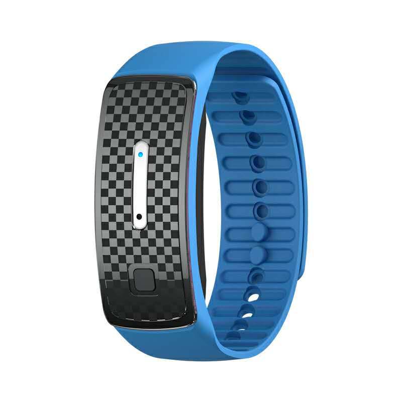 VIBE LOOP Ban Mosquito wristband in blue silicone with a black checkerboard face, slim indicator and button