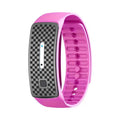 VIBE LOOP Ban Mosquito wristband in bright pink silicone with a black-and-gray checkerboard face and control button