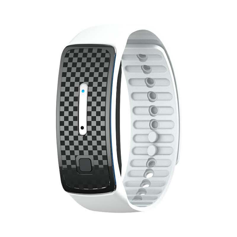 VIBE LOOP Ban Mosquito wristband with a white silicone strap, black checkered face, slim control strip and button