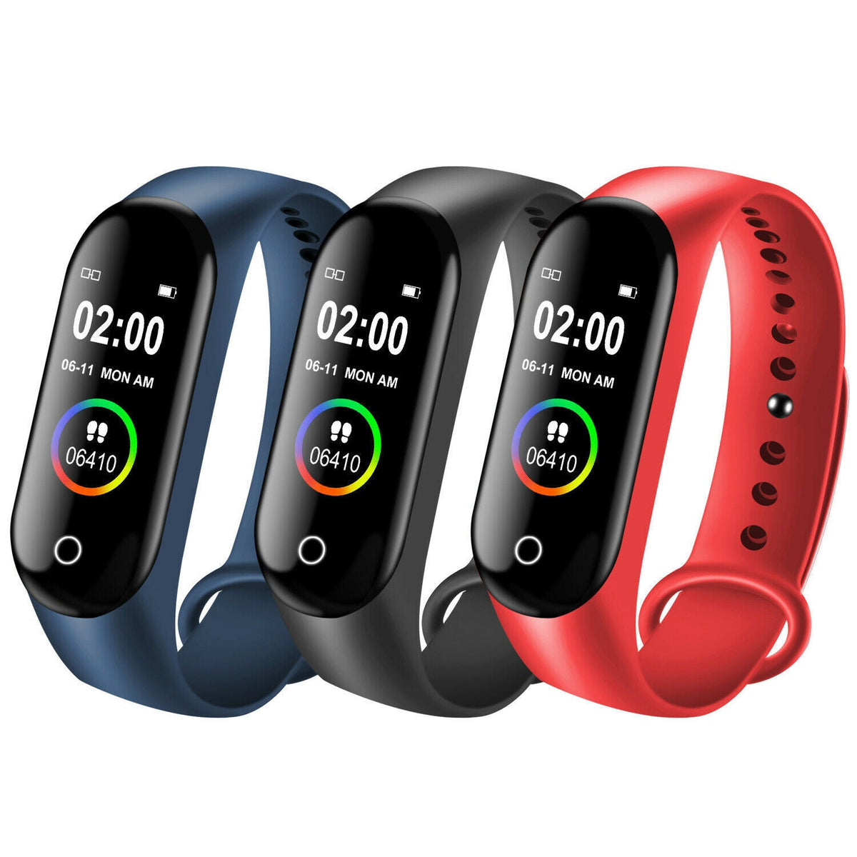 VIBE LOOP Ban fitness smart wristband in blue, black and red silicone with glossy touch screens and activity displays