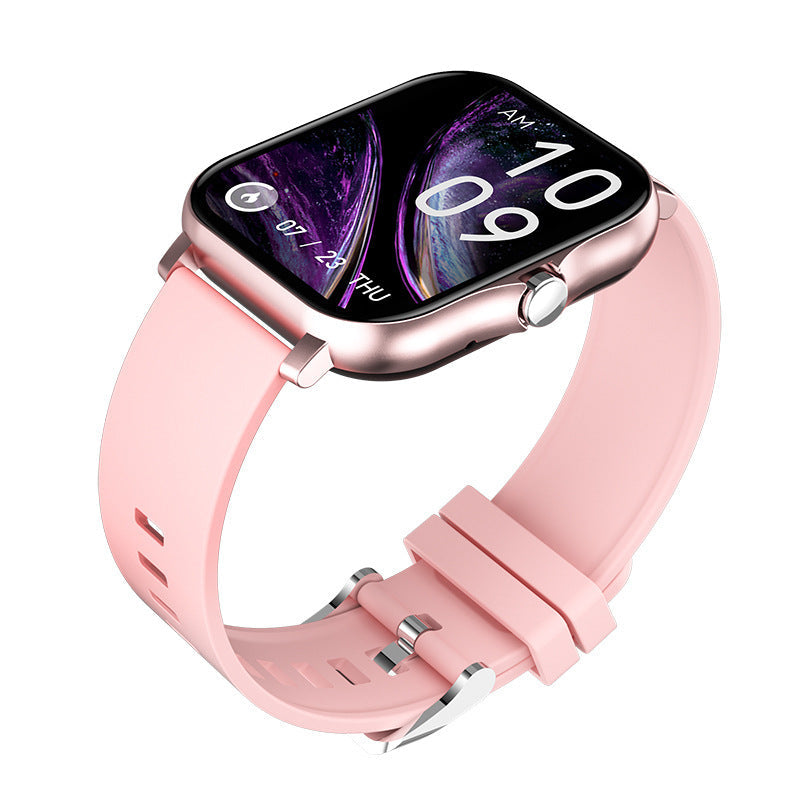 VIBE LOOP Ban smartwatch with a pink silicone strap, rose gold square case, and colorful touch display