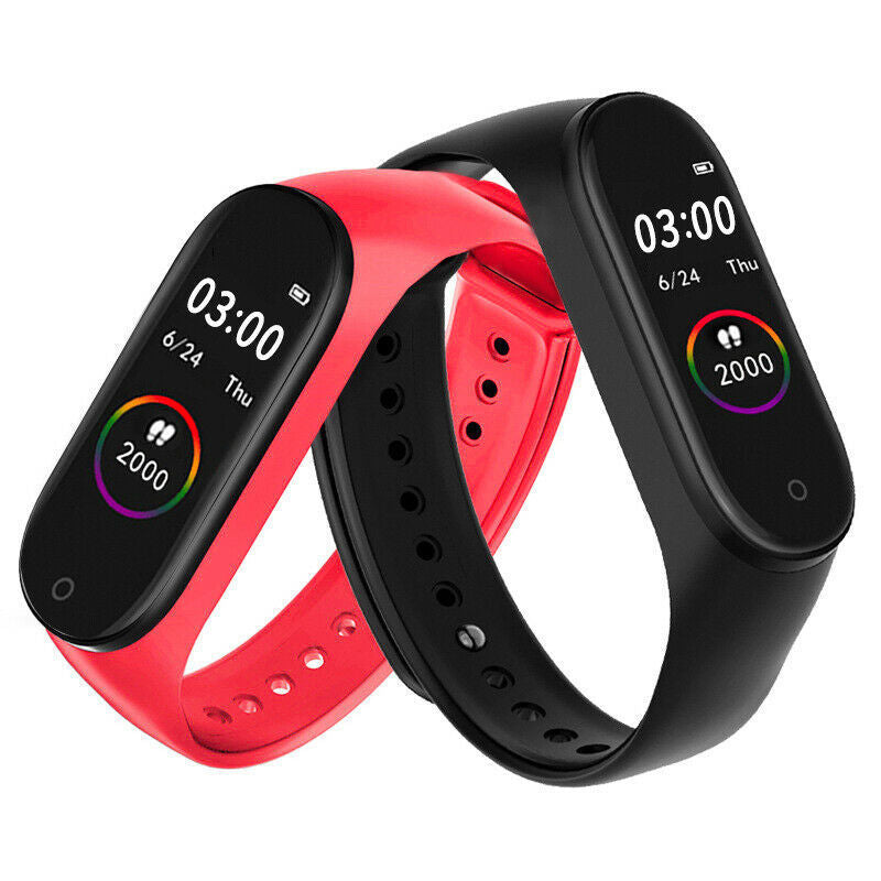VIBE LOOP Ban fitness smart wristband with black touch screens and curved silicone bands in red and black