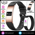 Smart wristband VIBE LOOP Ban with a rose gold rectangular display, black perforated silicone strap and slim profile