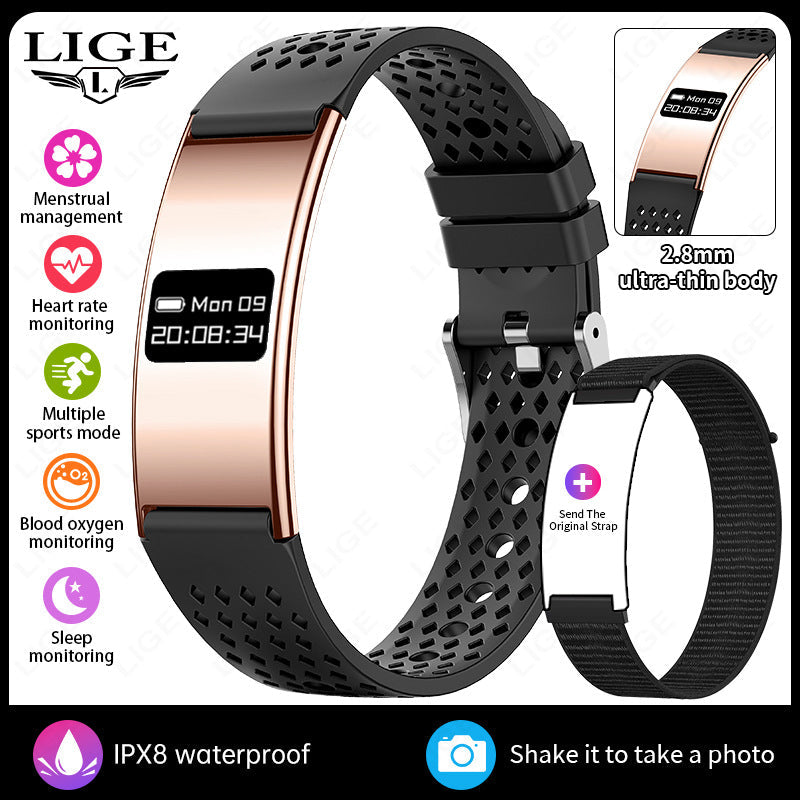 Smart wristband VIBE LOOP Ban with a rose gold rectangular display, black perforated silicone strap and slim profile