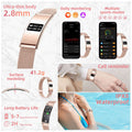 VIBE LOOP Ban smart wristband with rose gold mesh band, slim curved display, health tracking screens, and water-resistant design