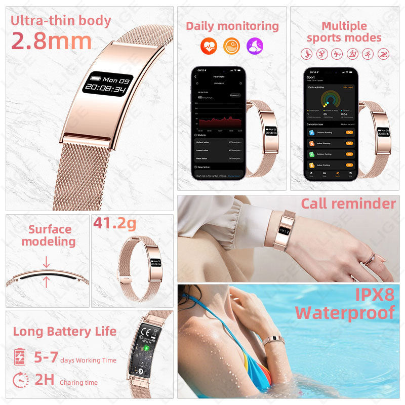 VIBE LOOP Ban smart wristband with rose gold mesh band, slim curved display, health tracking screens, and water-resistant design