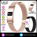 VIBE LOOP Ban smart wristband with a rose gold rectangular display, fine metal mesh band, and black replacement strap