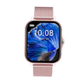VIBE LOOP Ban smartwatch with a rose gold square case, matching fine mesh metal band and blue ocean-wave display