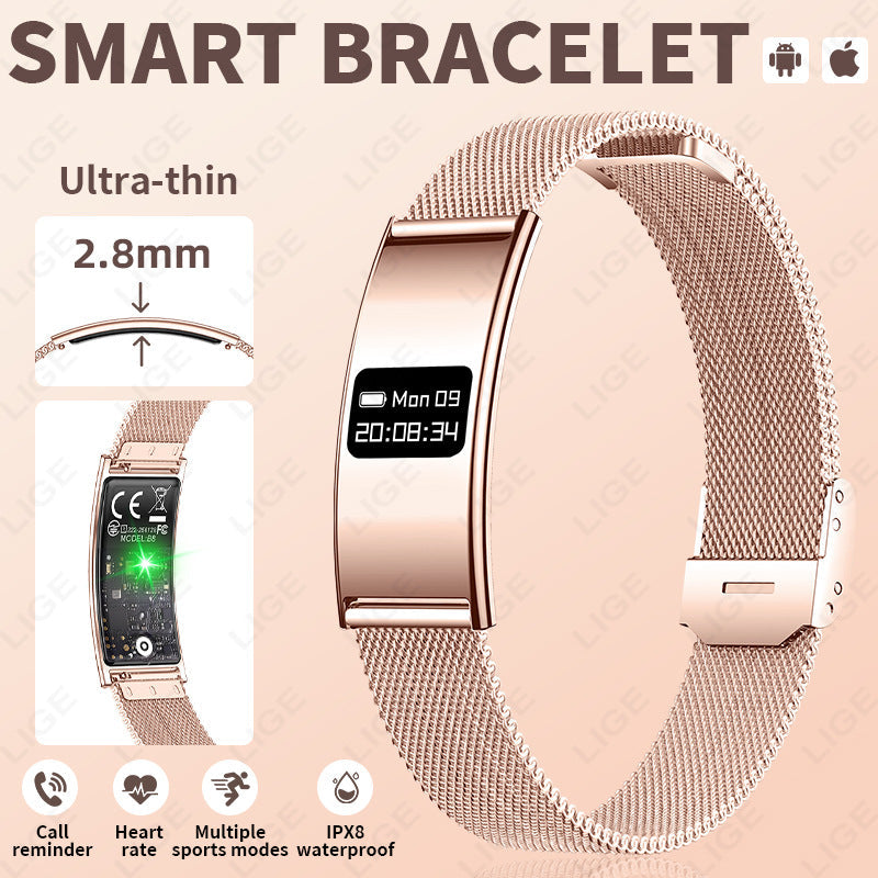 VIBE LOOP Ban smart bracelet in rose gold with a slim curved display and woven metal mesh band