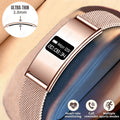 Smart wristband, VIBE LOOP Ban, with a rose gold slim rectangular display and fine silver mesh band.