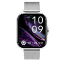 VIBE LOOP Ban smartwatch with a silver mesh metal strap, rectangular touch display, and purple abstract screen graphic.