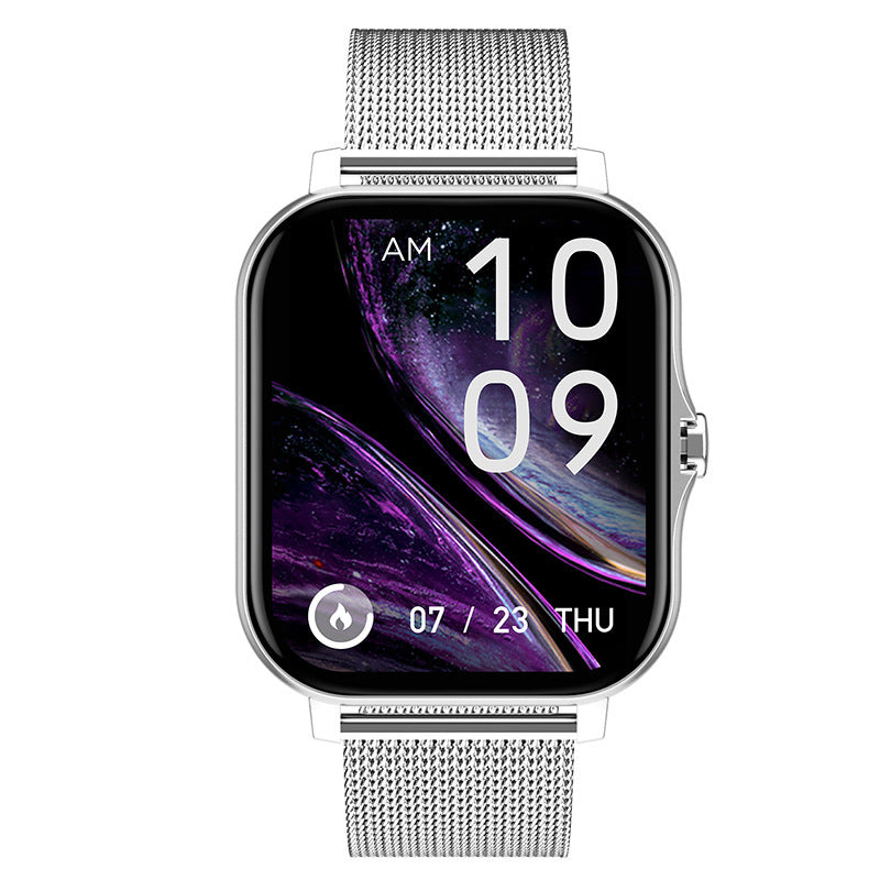 VIBE LOOP Ban smartwatch with a silver mesh metal strap, rectangular touch display, and purple abstract screen graphic.
