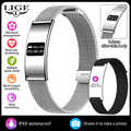 VIBE LOOP Ban smart wristband with a polished silver rectangular screen and finely woven metal mesh strap, plus black strap