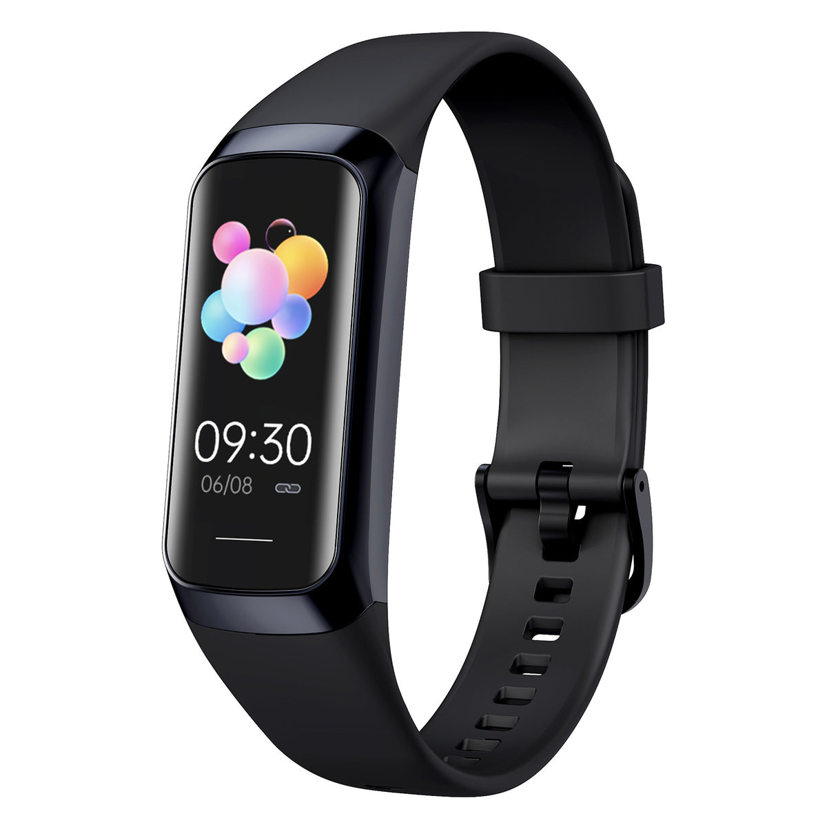 VIBE LOOP Ban Sleek fitness band with a black silicone strap, glossy rectangular screen and colorful bubble watch face