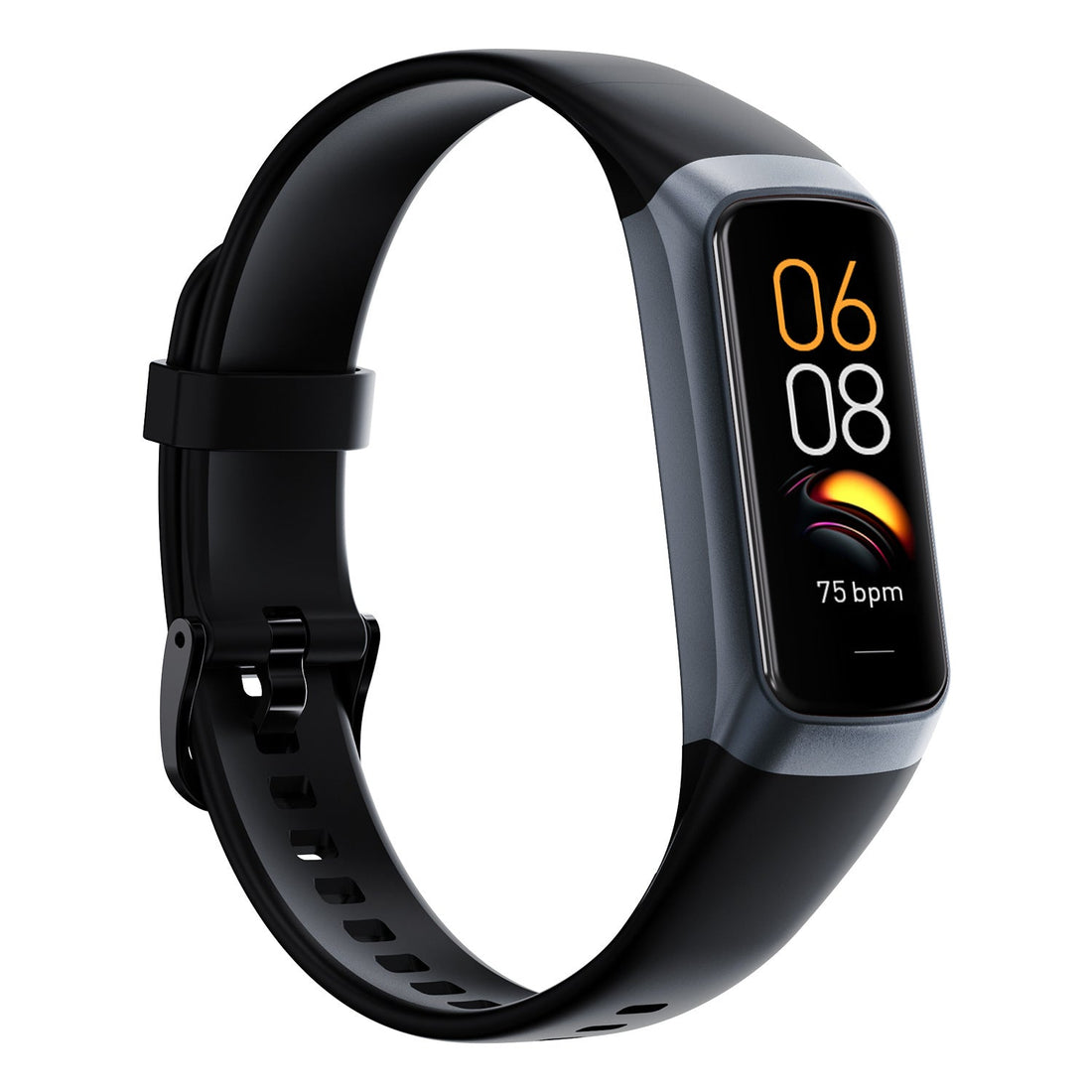Fitness band, VIBE LOOP Ban Sleek, with a rose-gold metal bezel, black display, and dusty rose silicone strap with buckle.